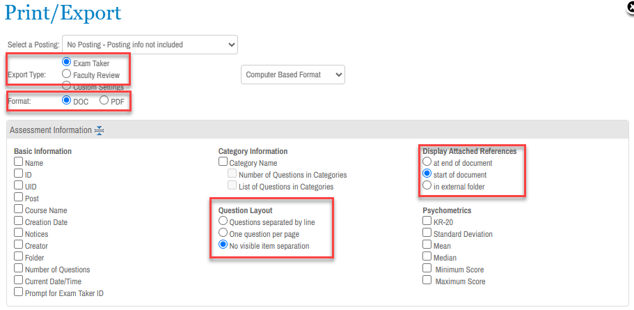 Select the export options